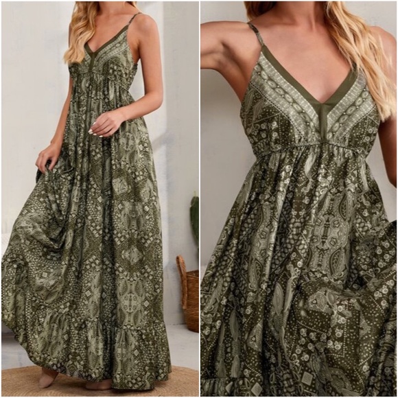Bohemian Gypsy Army Green Ruffle Cami Maxi Dress Floral - Picture 5 of 6